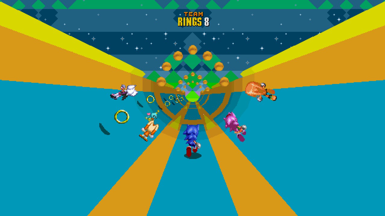 Sonic, Amy, Cream, Tikal and Rouge running together in a special stage